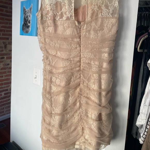 Classy Ivory and Tan Sheer Cocktail Dress - Picture 3 of 9